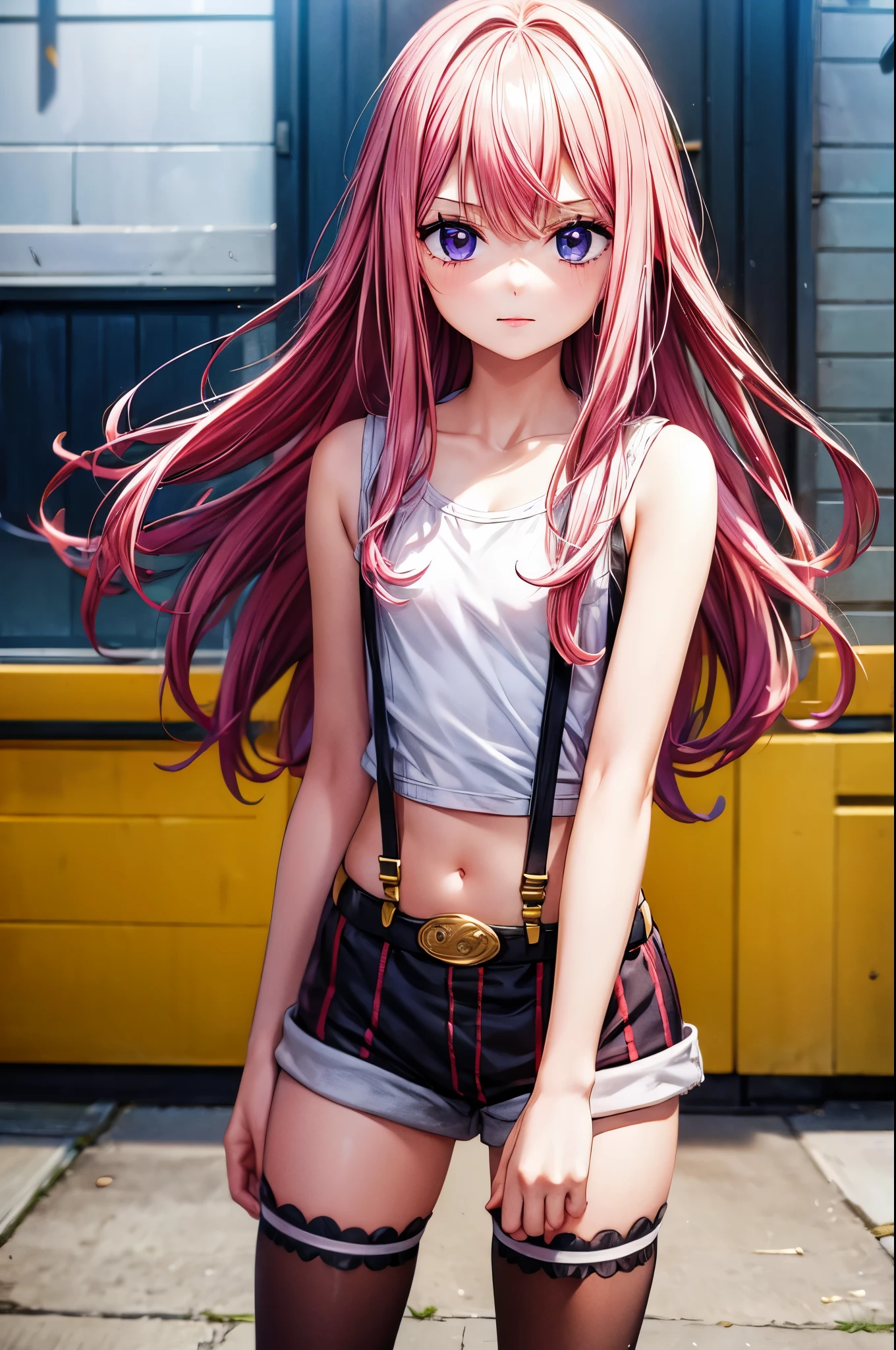 (masterpiece, best quality:1.2), expressive eyes, perfect face, highres, 1girl, solo, (small:1.5), kid, JewelryBonneyV2, lipstick, purple eyes, pink hair, long hair, white tank top, suspenders, thighhighs, striped shorts, brown boots, straight hair, standing, upper body, looking at the viewer