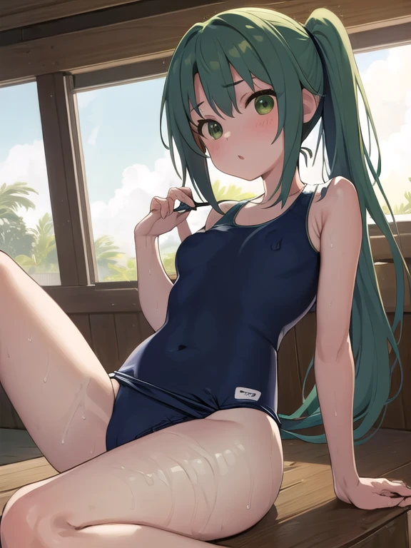masterpiece, highest quality, Super detailed, 1 Girl,  Mion Sonozaki, Green Hair, Green Eyes, ponytail, surprise:1.3、blush、Normal chest、(((Navy school swimsuit:1.3))),Pool、Sitting、
I'm on my knees:1.3