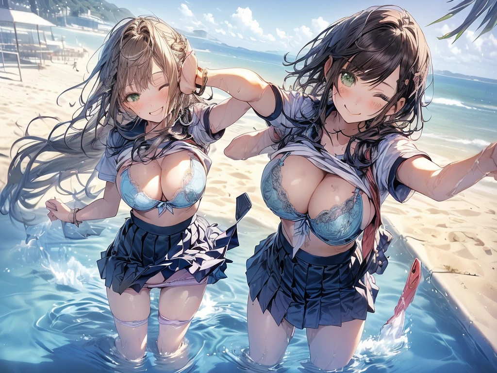 nswf:1.3,((masterpiece, highest quality, High resolution, 超High resolution, Pixel Perfect, Written boundary depth, 4k, RTX, human development report))), , beauty、View the whole body、((((looking up at viewer)))), (masterpiece: 1.2, highest quality, masterpiece, Clearer images), (Bright colors), ((Take clear photos even from a distance)), (Multiple Girls), (Harem), (School classmates), (((All school uniforms have the same design))), (((Everyone is wearing the same navy blue skirt))), (((Everyone is wearing a swimsuit of a different color and design.))),(()), ((prostitution婦)), (On the beach in Okinawa), (smile)、((youth)),(((Flirting))),(cute Japanese((6 girls))), (((infant'Face))), ((Group shot)), (((Group selfie))), ((ass visible through thighs))、Wide-angle, Soft Light、(((Blazer uniform, Checkered pleated skirt,White Shirt)))、(Slightly larger breasts), ((prostitution)), ((viewers love it)), Landscape、(((show panty:1.6)))、((breast grab:1.3)),(((bra lift:1.2)))、 ((Green Eyes, Beautiful eyelashes, Realistic eyes)), ((Detailed face, blush:1.2)), ((Smooth texture:0.75, Vibrant质感:0.65, Vibrant:1.1, Anime CG Style)), Medium breast, Perfect body, Beautiful curves、beautiful legs、thin、smile, (((Attractive way to stand))),((Model pose)), Aerith Gainsborough, Hair Ribbon, bracelet, brown hair, Side Lock, Parted bangs, Green Eyes, Braid, ((()Award-winning design underwear))、(((Everyone wears different colors and designs of underwear.))),show panty、((((open legs:1.4)))、((breast grab:1.3)),(((bra lift:1.2)))、Detailed depiction of the crotch、(water droplets:1.2)、(Stand with your feet apart), ((((Are standing)))), (Her legs were spread), (Made to stand with legs apart..) ,((Attractive way to stand)),(((Uplifting)))、(water droplets:1.2)、(Rising Wind:1.5),please stand facing me、 thin脚, ((one eye closed))、((((selfie))))、((Hair fluttering in the wind)),((hold hair with hands)),((arm behind head)),(((leaning forward)))、((((Flirting)))),Inner thighs