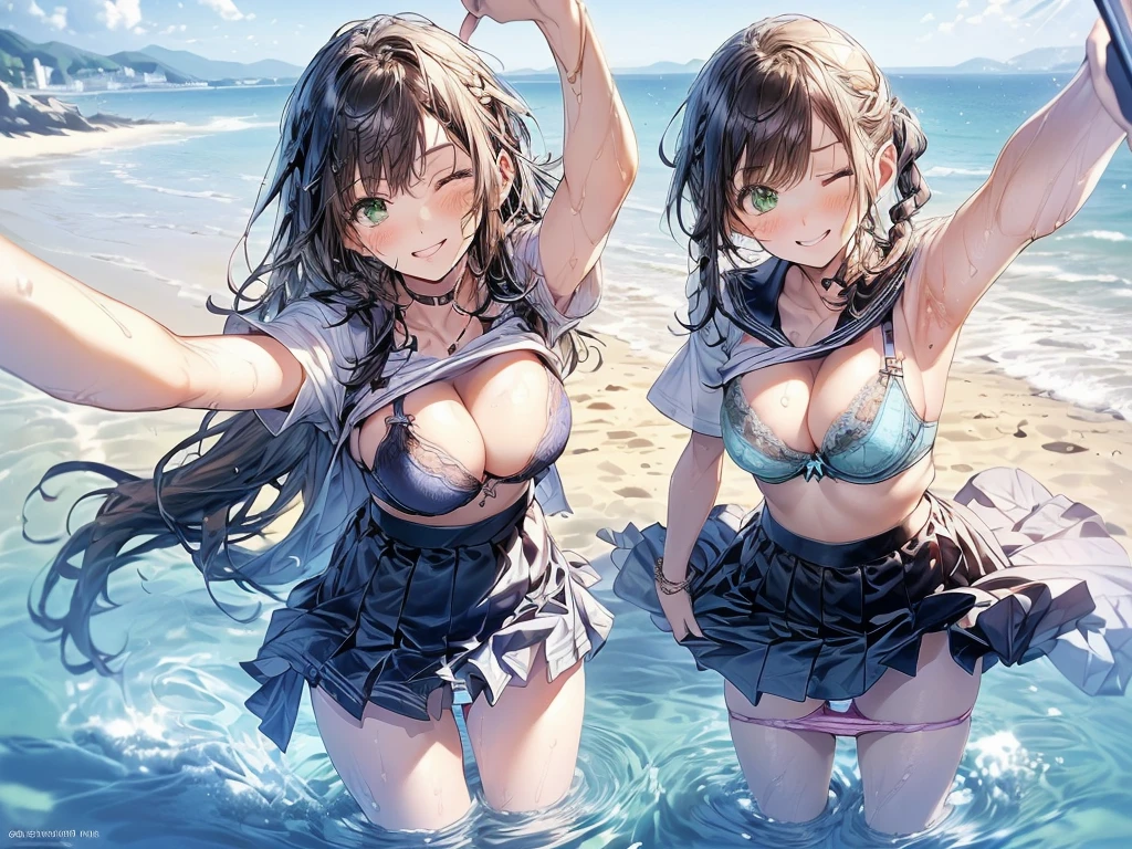nswf:1.3,((masterpiece, highest quality, High resolution, 超High resolution, Pixel Perfect, Written boundary depth, 4k, RTX, human development report))), , beauty、View the whole body、((((looking up at viewer)))), (masterpiece: 1.2, highest quality, masterpiece, Clearer images), (Bright colors), ((Take clear photos even from a distance)), (Multiple Girls), (Harem), (School classmates), (((All school uniforms have the same design))), (((Everyone is wearing the same navy blue skirt))), (((Everyone is wearing a swimsuit of a different color and design.))),(()), ((prostitution beach in Okinawa), (smile)、((youth)),(((Flirting))),(cute Japanese((6 girls))), (((infant'Face))), ((Grot)), (((Group selfie))), ((ass visible through thighs))、W-angle, Soft Light、(((Blazer uniform, Checkered pleated skirt,White Shirt)))、(Slightly larger breasts), ((prostitution)), ((vieve it)), Lanow panty:1.6)))、((breast grab:1.3)),(((bra lift:1.2)))、een Eyes, Beautyelashes, Realistic eyes)), ((Detailed face, blush:1.2)), ((Smooth texture:0.75, Vibrant质感:0.65, Vibrant:1.1, Anime CG Style)), Medium breast, Perfect body, Beautiful curves、beautiful legs、thin、smilAttractive way to stand))),((Model pose)), Aerith Gainsborough, Hair Ribbon, bracelet, brown hair, Side Lock, Parted bangs, Green Eyes, Braid, ((()Award-winning design underwear))、(((Everyone wears different colors and designs of underwear.))),show panty、((((open legs:1.4)))、((breast grab:1.3)),(((bra lift:1.2)))、Det depiction of the crotch、(watplets:1.2)、(Stand with your feet apart), ((((Are standing)))), (Her legs were spread), (to stand with legs apart..) ,((Attractive way to stand)),(((Uplifting)))、(water droplets:1.2)、(Rising Wind:1.5),please stand facing me、 thin脚, ((one eye closed))、((((selfie))))、((Hair fluttering in the wind)),((hold hair with hands)),((arm behind head)),(((leaning forward)))、((((Flirting)))),Inner thighs