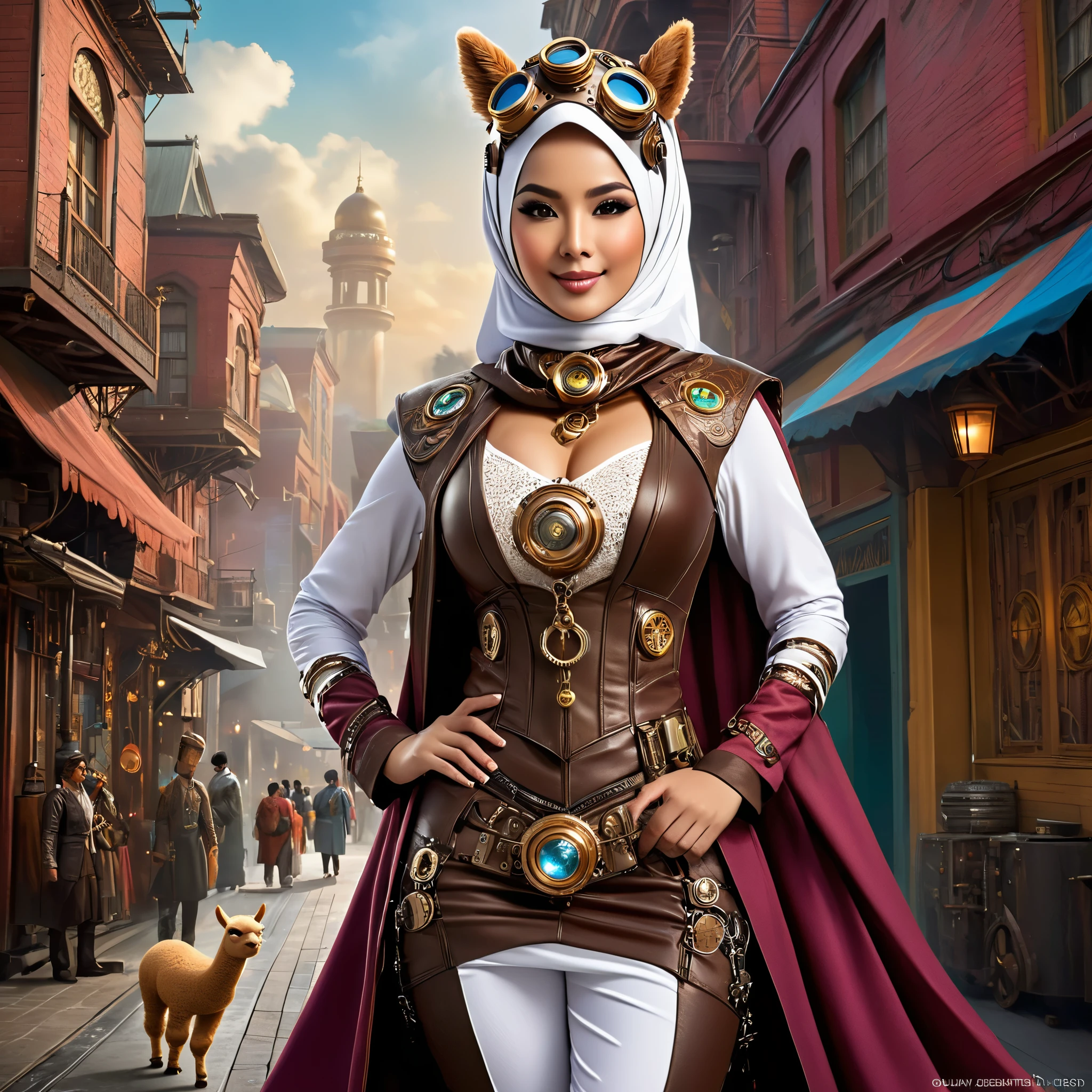 (a busty malaysian woman:1.1,40 years old:1.1,giga busty:1.1,hijab:1.1,alpaca themed:1.1,superhero costume:1.1) striking heroic poses, performing incredible feats of strength, and exuding an aura of power. Her captivating eyes shine with determination, and her graceful lips form a confident smile. The intricate details of her face and physique are meticulously rendered, showcasing her robust beauty. She stands tall and proud, her majestic hijab flowing in the wind. The hijab is adorned with vibrant patterns inspired by the majestic alpaca, creating a visually stunning contrast. The exquisite fabric drapes elegantly around her, adding a touch of grace to her heroic presence. Her attire embodies the spirit of a superhero, with an alpaca theme that adds a unique twist. The costume features a sleek blend of modern and steam punk elements, embracing a futuristic aesthetic. It is crafted with the finest materials, accentuating her formidable figure and enhancing her aura of strength. Beside her stands her loyal sidekick, a steam punk alpaca. This anthropomorphic creature exudes undeniable charm with its gears, pipes, and intricate mechanical elements. It serves as a perfect companion for the Malaysian heroine, complementing her bravery and adding a touch of whimsical steampunk flair to the scene. The scene itself is bathed in vibrant colors and contrast, with vivid hues that reflect the hero's energy and determination. The lighting creates a dramatic atmosphere, accentuating her heroic poses and creating a sense of awe-inspiring grandeur. With the utmost attention to detail and the highest quality, this artwork seamlessly combines realism and fantastical elements to create a truly breathtaking masterpiece. As the viewer gazes upon this visually stunning depiction, they are transported into a world where strength, diversity, and heroism intertwine.
