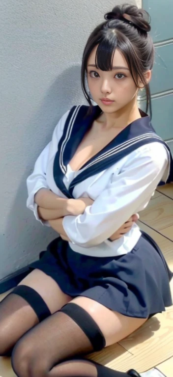 best quality、professional writing、 Meticulous workmanship、high resolution、(8k, high resolution:1.2)、(original photo, Reality:1.3)、masterpiece、Slender body type、HD face、The face has become the focus、HD Eyes、(Focus, symmetrical pupils:1.2)、slim body、HD skin beauty、Firm skin、Natural Makeup、Thick lips, HD Hair Textures、 (Japanese high school girl)、Unbeatable beauty、25 years old、，Cleavage，Lovely, (half bun:1.3), (classroom) rest (Sailor Suit:1.3) rest (black socks、black loafers:1.3), (Sitting on the floor next to the wall:1.3), (Hold your chest tightly with your arms:1.3), very Lovely, (so awkward:1.3), (blush:1.3), (scared:1.3), Strange expression、Looking up at the camera:1.2、(Shirt open front:1.2), (cleveage, national foundation)、((She bowed，Cleavage清晰可见.))、((Mini skirt and black erotic pantyhose are the best)) [[特写Cleavage]]]]Huge long saggy breasts, Cleavage, The chest is more exposed。