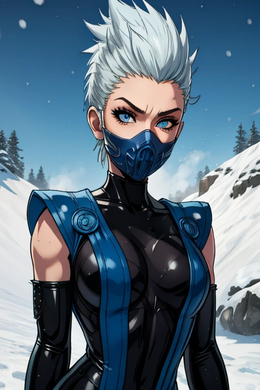 Frost, blue eyes,   mouth mask,  spiked hair, 
 fingerless elbow gloves, bodysuit,  pelvic curtain ,  blue attire, 
standing,  upper body, 
dojo, snow, solo,  
(insanely detailed, beautiful detailed face, masterpiece, best quality) 