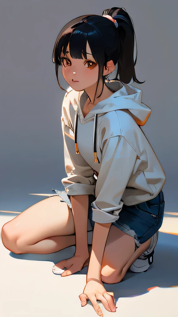 highest quality、Realistic、Japanese、Women、cute、orange eyes、Short ponytail、Black Hair、、White hoodie、Denim skirt、Light grey sneakers、Crouch down、Bust Shot、Park、Small breasts、slender