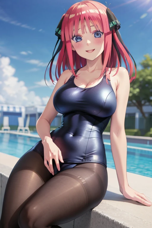 best quality, ultra-detailed masterpiece, anime art style, cute characters, nino nakano, one-piece swimsuit, , pantyhose, blush, smile