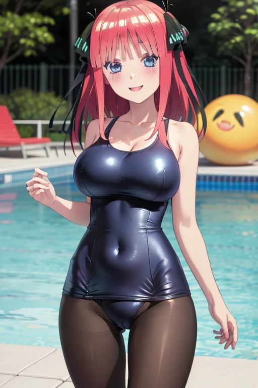 best quality, ultra-detailed masterpiece, anime art style, cute characters, nino nakano, one-piece swimsuit, large breasts, pantyhose, blush, smile