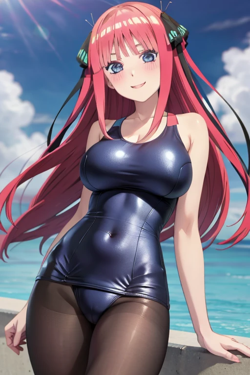 best quality, ultra-detailed masterpiece, anime art style, cute characters, nino nakano, one-piece swimsuit, large breasts, pantyhose, blush, smile