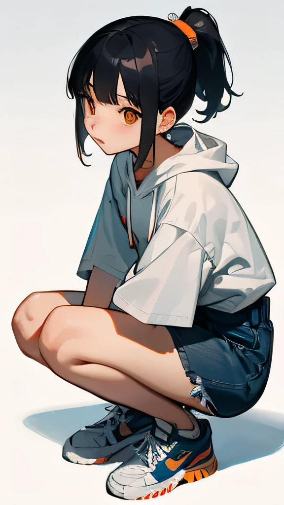 score_9, score_8_up, score_7_up, score_6_up, score_5_up, score_4_up, source_anime, 1girl, petite, solo, black hair, low tied ponytail, loose strands, hair between eyes, grey eyes, gym uniform, white shirt, black shorts, embarrassed, blush, sitting, spread legs, backwards arm support, gym storage room