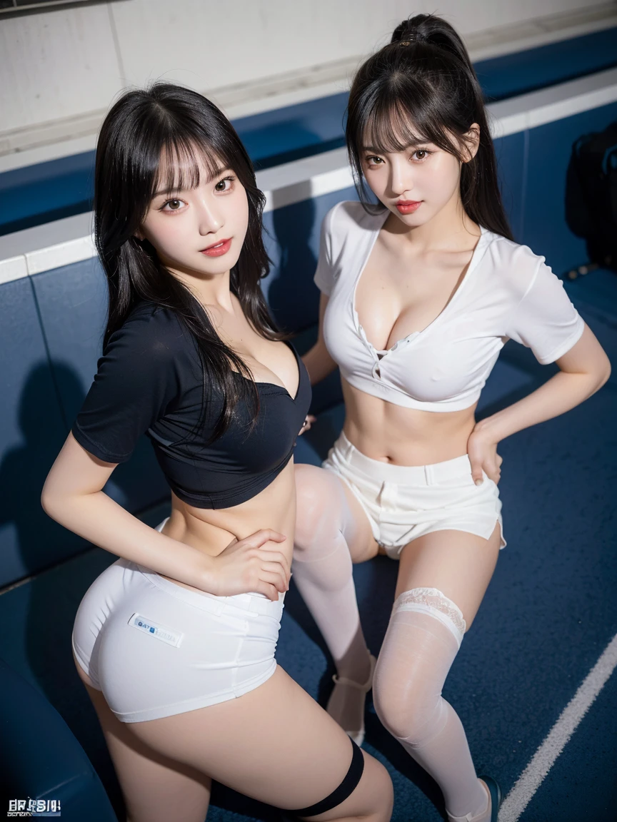8K), (highest quality: 1.2), (Realistic), (Realistic: 1.37), Ultra-high resolution, (2 girls),(straight black hair), Giant Dulcefo,(White very small hot pants:1.2),In the seats at the baseball stadium,smile, whole body,Long legs,Beautiful feet,(Super small ass),gravure,Belly button,(Blue baseball team shirt),(whole bodyが雨に濡れて:1.2),Black Stockings,Cute like a super idol,Close up on face from above,A little cleavage,Nipples show through,panties are transparent