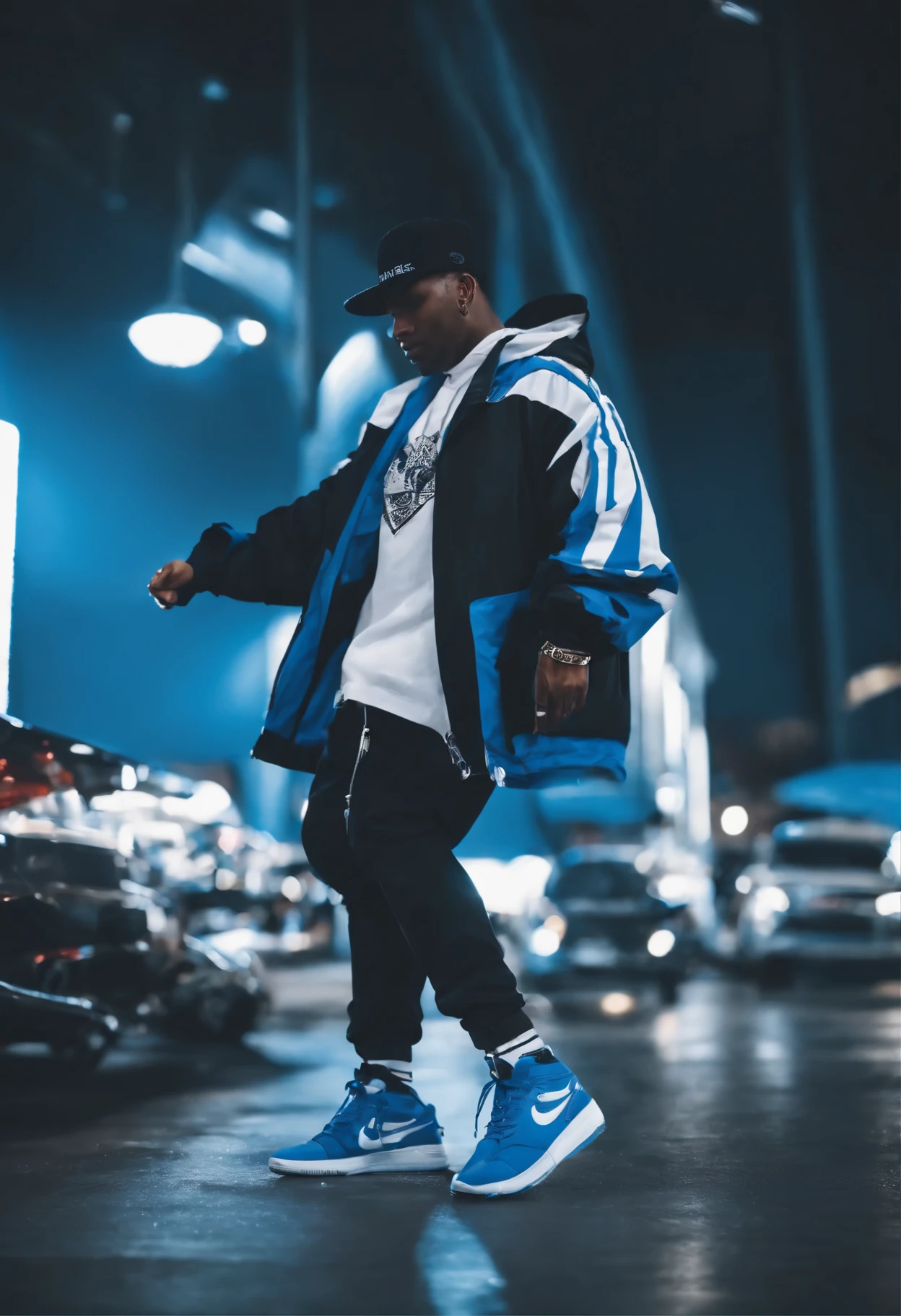 full body and blue and white sneakers and windbreaker blue and white dancing hip hop, and big ansi on their fingers