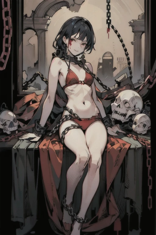 ((Background made up of chains and ruins))、scribble, nightmare, doll-like face, Cartoon style, rough sketch, Horror elements, (masterpiece), (High resolution), (Ultra delicate), (clear), Manga style illustration, (drawing style), Japanese painting, The whole body is scary, (Spooky), Japan sculpture,crazy illustration, Flat illustration, Spookyな外観, Characteristic hairstyle, Unique atmosphere、Splattering blood、Beautiful Frankenstein、Small eyes、(Flat Chest), Mr.々Colored hair,Chains wrapped around the body、(A sewn-together body))、They're coming at me.,Skin full of stitches,restrained by thick chains,Red Bikini