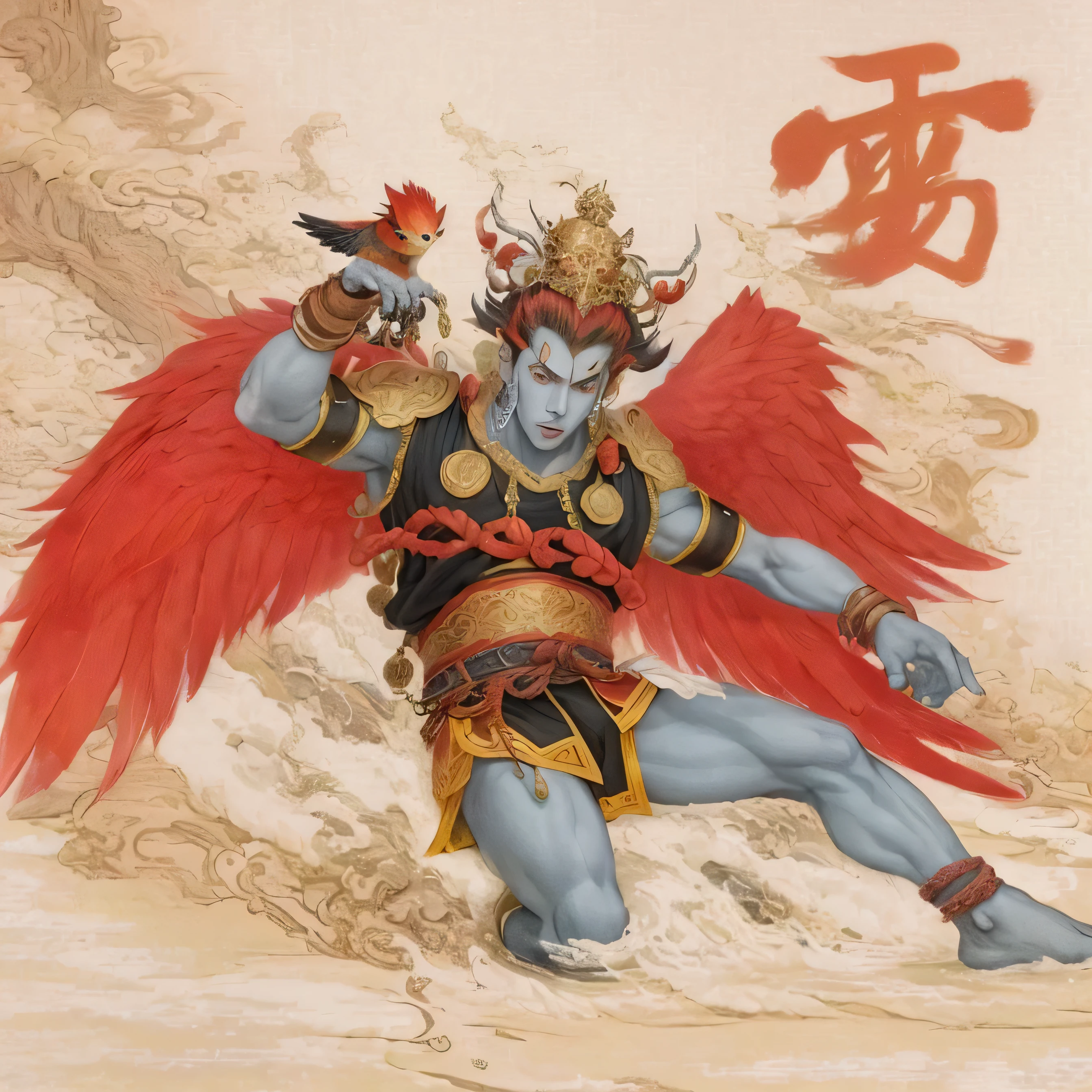 a close up of a painting of a man with a bird on his head, asura from chinese myth, akira from chinese mythology, chi-gong, traditional japanese concept art, chinese mythology, japanese god, mika kurai demon, sun wukong, korean mythology, by Kano Tan&#39;yū, Inspired by Tawaraya Sōtatsu