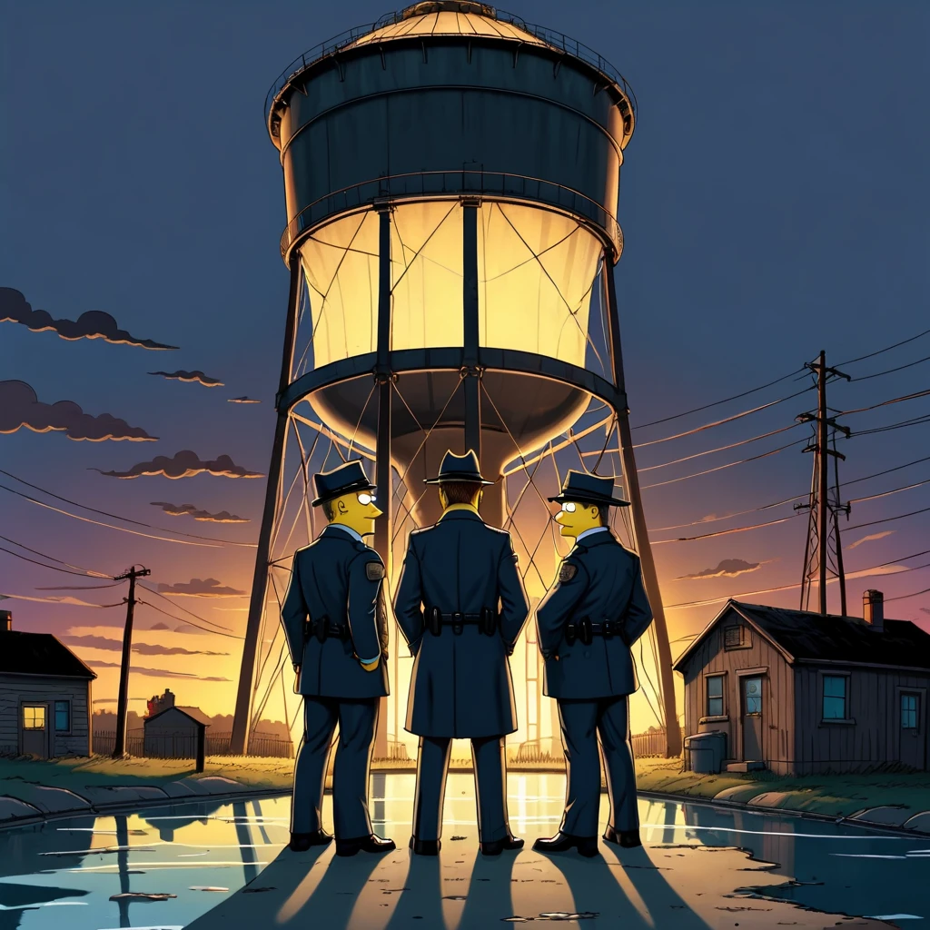 illustrate hand drawn (Simpsons style reference), Inspector Wiggum, dark crime ????, two detectives standing at the base of a massive water tower, dusk, detective, cinematic poster, wordless, hand drawn, expressive realism,