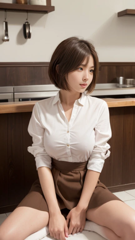 highest quality,Best image quality,Ultra-high resolution,8K,(Hyperrealism:1.1),High saturation,(Realistic:1.2),Accurate anatomy,Depth of written boundary,Ideal Body,Japanese,18 year old beautiful girl,Beauty,cute,Sexy look,Red face,Brown Hair,Short Bob Hair,(Droopy eyes:1.2),slightly thin lips,E cup breasts,Soft Breasts,Rounded ass,Realistic Skin,(sunburned:1.4),(Wheat skin:1.4),(Height: 154cm:1.2),1 girl,The whole body is visible,(Cafe staff:1.4),(Random sexy poses for girls:1.2),I have a tray,Stylish cafe,Simple underwear in black,Black panties,(Your light brown skirt is torn:1.2),(The top button of her white blouse is undone:1.2),(Her dark brown apron is disheveled.:1.2),I see your black pants,Nipples visible through clothes,Pink nipples,Exposing the nipples,淡いPink nipplesを露出させる,(Sit down and open your legs:1.6),