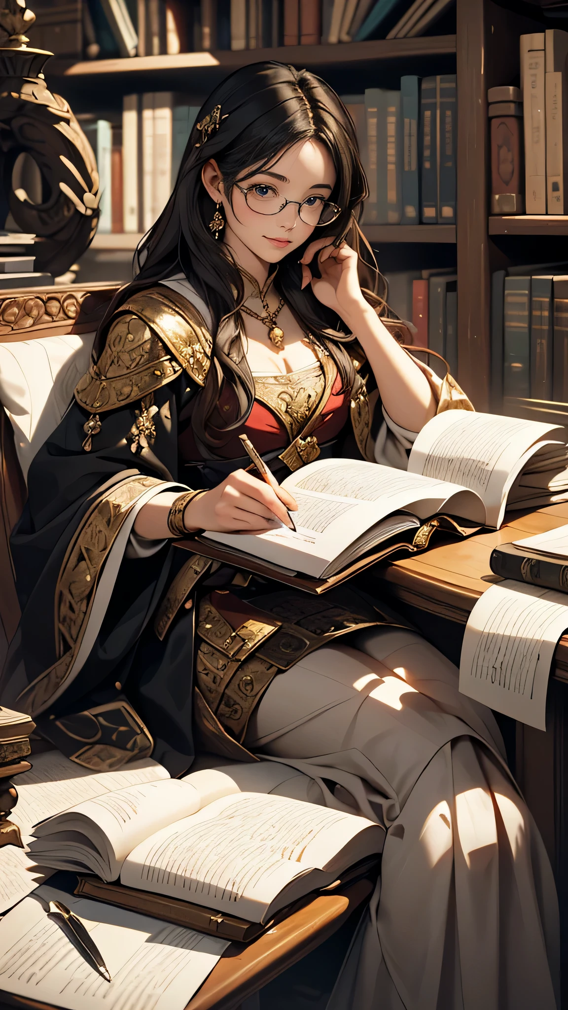 A whimsical illustration inspired by the Baroque era, featuring a girl with long, flowing black hair The girl was sitting and reading an ancient parchment diligently, library, medieval fantasy theme