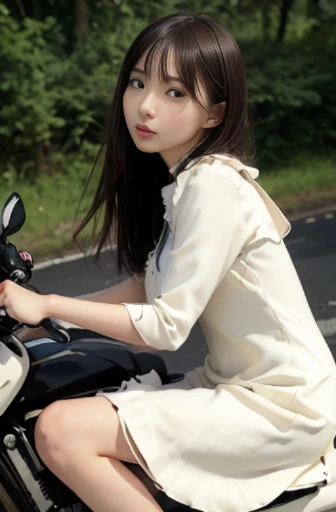 best quality, detailed, beautiful, insanely detailed, absurdres,perfect anatomy, Japanese woman,black hair,27 years old, (slender), (small breasts),(cream graceful full dress:1.3),(long exposure:1.0), full body shot, (Riding a motorcycle in a forward leaning position:1.1), speeding down a straight road, (dynamic angle:1.3)