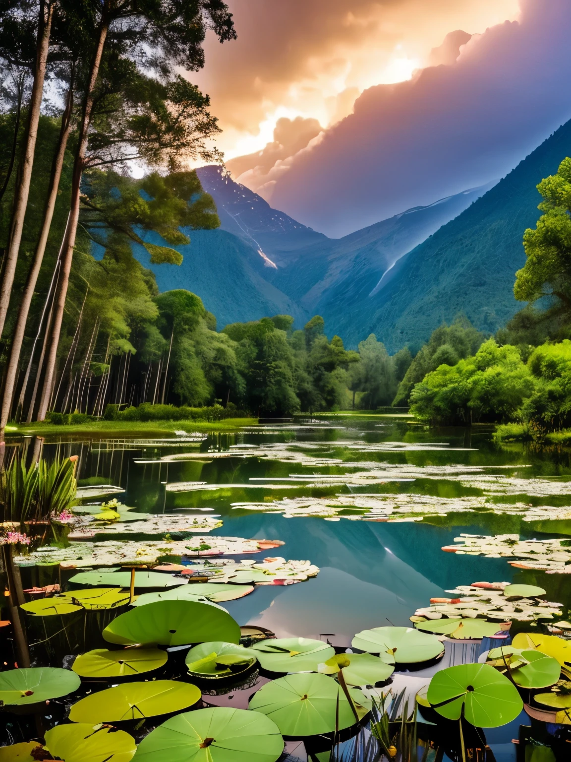 a thunderstorm with lightning over a pond with water lilies surrounded by cypress trees.