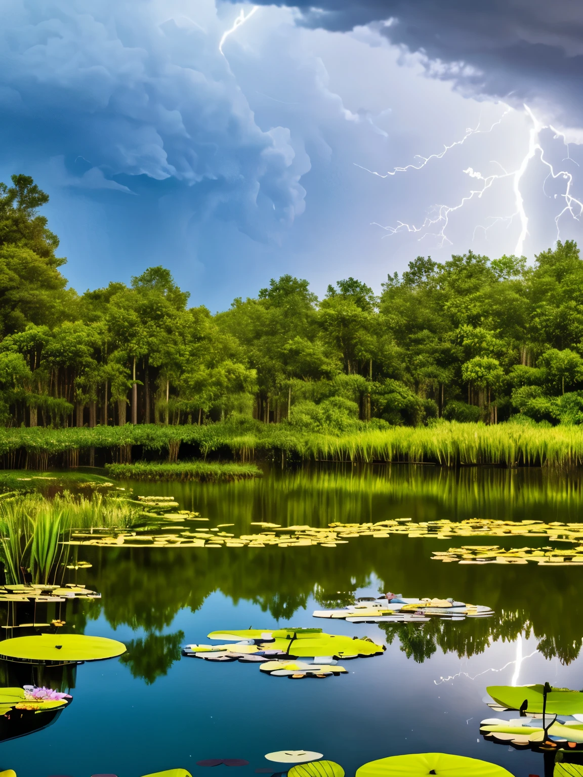 a thunderstorm with lightning over a pond with water lilies surrounded by cypress trees.