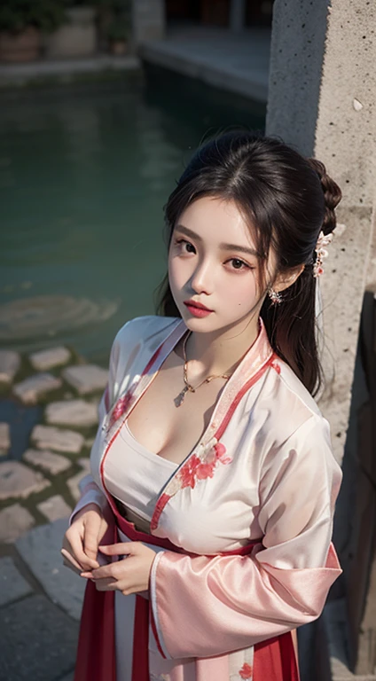 1 realistic beautiful girl, Waist length hair, black eyes, Ancient Aodai, style hanfu, Wearing a Chinese silk shirt, Pink and smooth fair skin, Wearing low-key and antique Ao Dai, Shoulders and head appear in the photo,Cute little face, Eye bags under wet makeup, Plump red lips, pout, ((Shut up:1.0)), Balance front teeth, Awkward, Small face makeup details，very beautiful, The breasts are super round and firm, Huge Breasts，Cleavage，Sagging chest，breast enlargement, Bloom chest, Wear a camisole underneath to cover the girl&#39;s chest, blush, From the front, Wearing earrings, necklace, from above, View Viewer, Upturned eyes, Full body love, masterpiece, top quality, best quality, official art, Unity 8K wallpaper, high resolution, 超high resolution, Super detailed, (Reality:1.2), Solitary, Solitary, 1 girl only, style hanfu Dunhuang, 10x pixel, super realistic, Ultra-high quality, girl full body view, Upper Body,