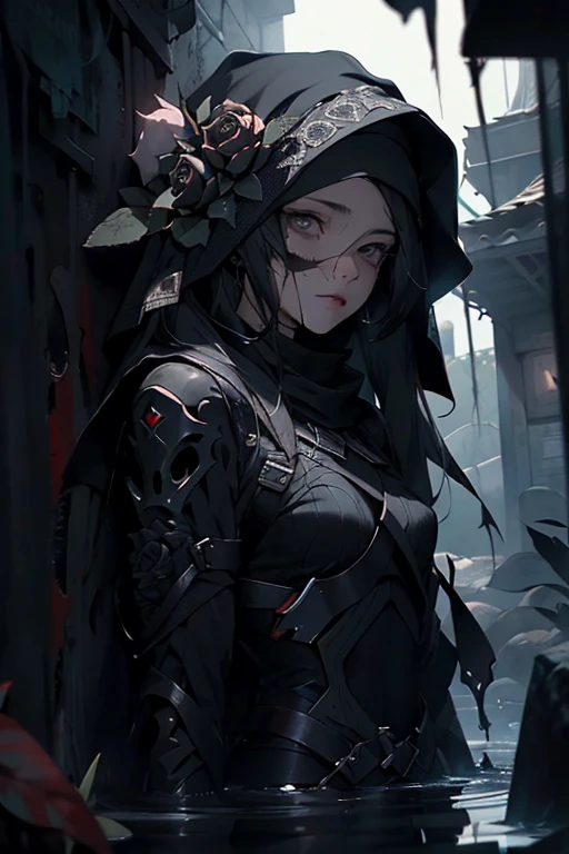 ((best quality)), ((masterpiece)), (detailed), 1womanl、dark ambiance、The upper part of the body、murky、hopelessness、terrifying、Black clothing、modest、roses、Roses entangle on the body、terrorism、abyss、Dark、a closeup