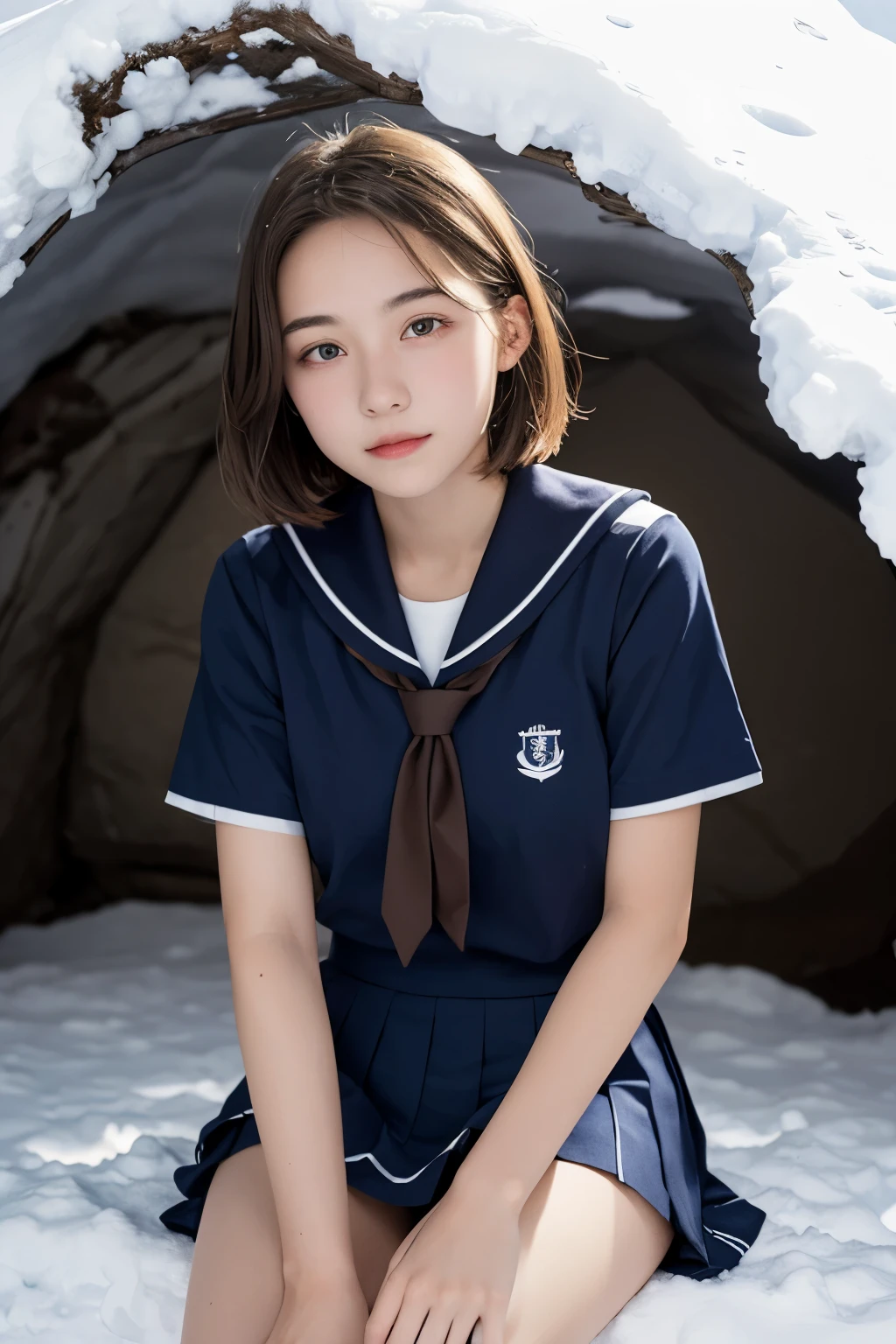A -yeld hischool student wearing a uniform sitting in a snow cave in a snowy country, night, soft light source, candle, short brown hair, hairpin, pleated skirt, detailed panties, sailor uniform, cute face that anyone can see, detailed eyes, detailed mouth , detailed face