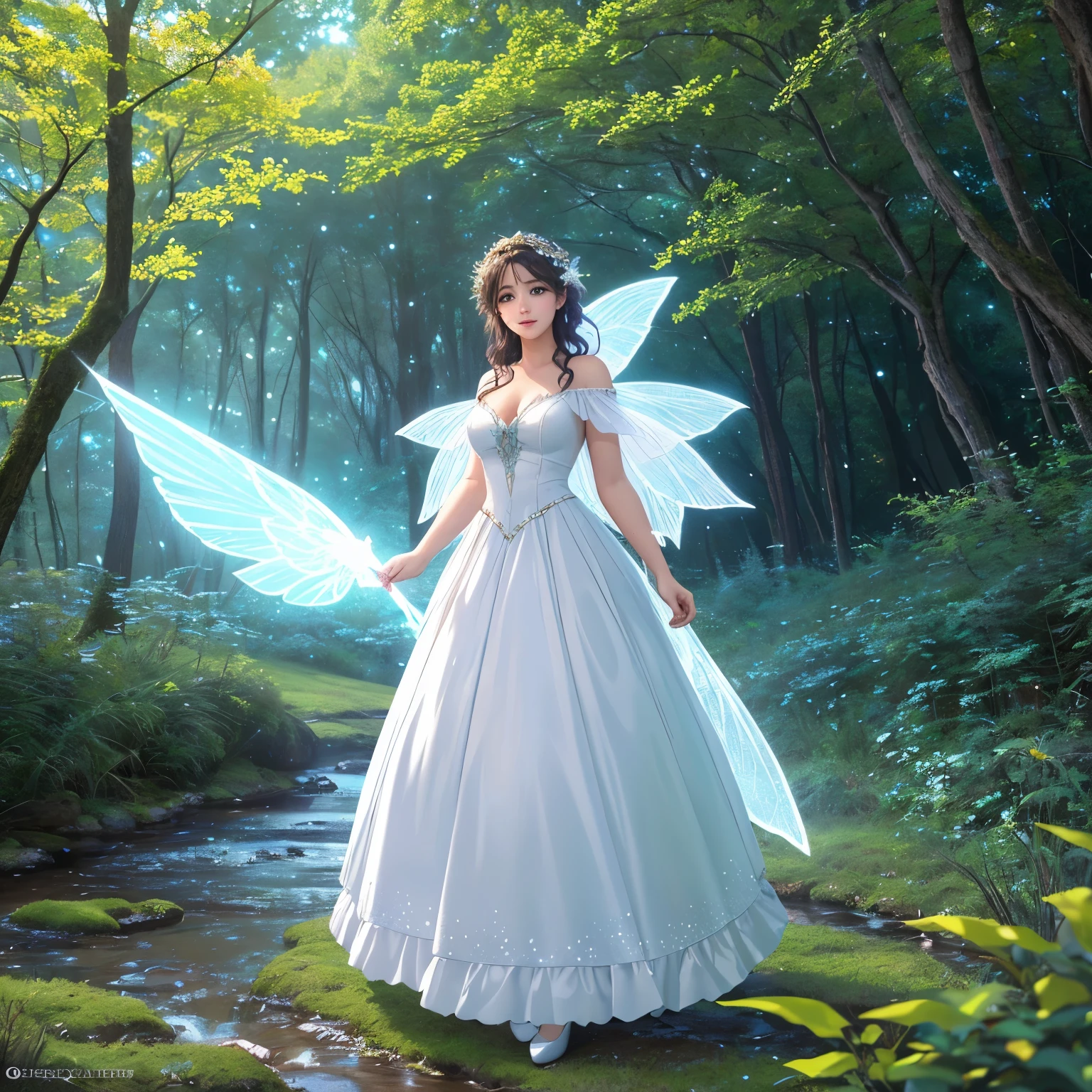 a woman in a white dress standing in a forest with stars, ethereal fairytale, lost in a dreamy fairy landscape, the moonlit dance of the fae, fairy atmosphere, fairy cgsociety, ethereal fantasy, fairytale artwork, digital art fantasy, very magical and dreamy, fantasy fairytale story, high definition cgsociety, digital art fantasy art, ethereal!!!, ethereal!!!!!!!