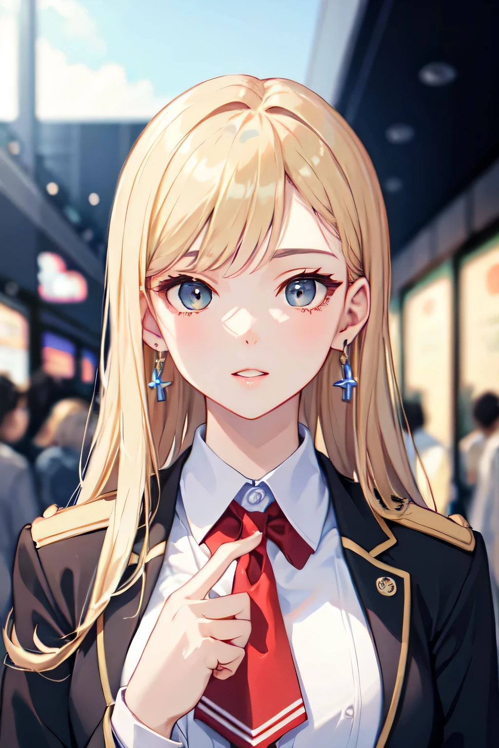 ((highest quality)), ((masterpiece)), (detailed), Perfect Face、smooth hair、blonde、Earrings、at the movie theater、Put your finger on your lips、high school girl、Wink、uniform




