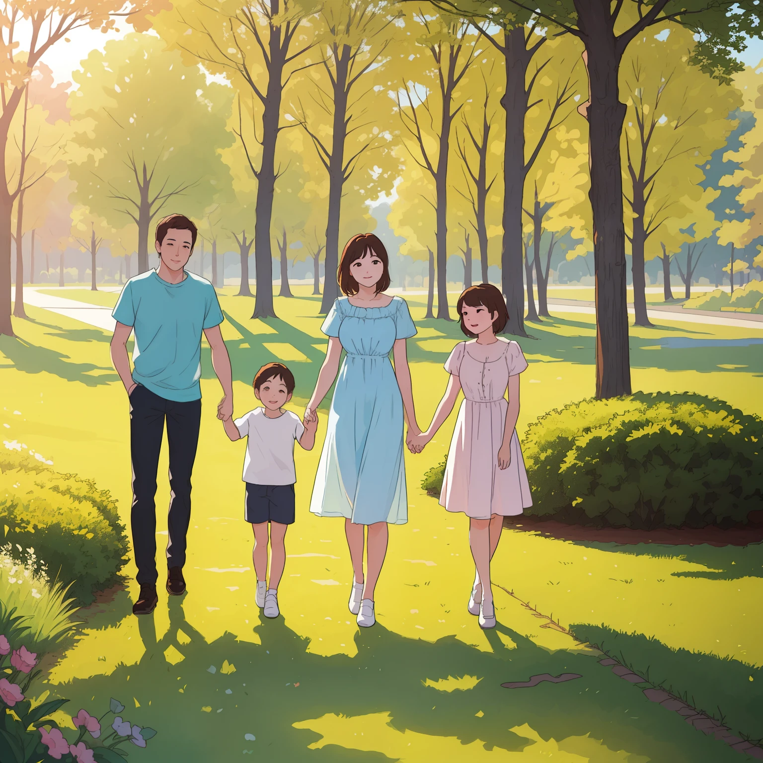 two adults and two children are walking in the park, of a family standing in a park, family photography, happy family, portrait 70 mm, life style, Sangeob Park, family, walk in the park, beautiful sunny day, bright sunny day, portrait 60 mm, everyday photography, shutterstock, warm and joyful atmosphere, children's, family photo
