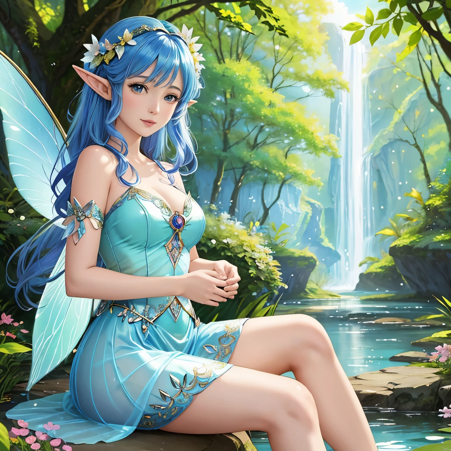 a close up of a fairy sitting on a leaf with a flower, faerie, fairy cgsociety, beautiful fairie, beautiful fairy, faeries, beautiful adult fairy, water fairy, fae, beautiful fairies, beautiful avatar pictures, queen of the fairies, very beautiful fantasy art, beautiful fantasy art, fairies have wings, fairy, blue elf, fairies