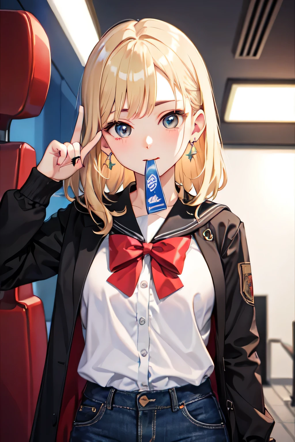 ((highest quality)), ((masterpiece)), (detailed), Perfect Face、Movie viewing、smooth hair、blonde、Earrings、at the movie theater、Put your finger over your mouth、Be quiet、high school girl、looks fun