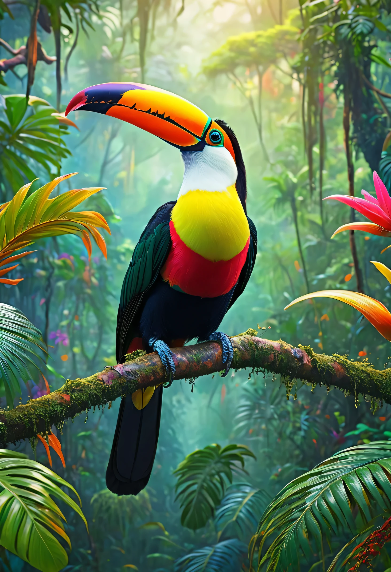 A picture of a colorful bird perched on a branch in the forest, Rare bird in the jungle, toucans, beautiful picture of a tall person, Tropical birds, Long colorful bird, Multicolored birds, Surreal Bird, 6 toucans beaks, a Surreal Bird, Beautiful Nature, Detailed painting 4k, Beautiful paintings, Big beak