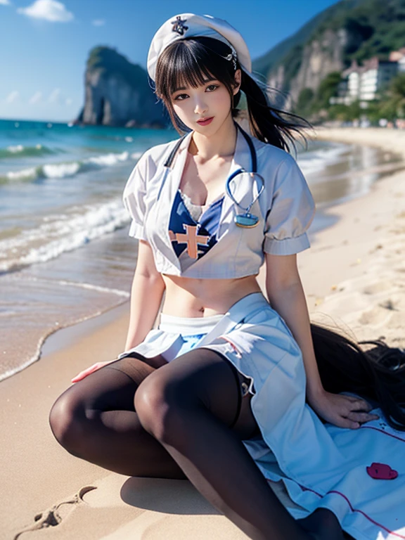 masterpiece, highest quality, masterpiece,highest quality,Official Art,Highly detailed CG unity 8k wallpaper, At the Beach, Realistic, photograph, Absurd, can&#39;t believe it_Absurd, Mature Woman, Grin, Medium chest, Crop top, Black legwear, nurse cap, yokozuwari, nurse,