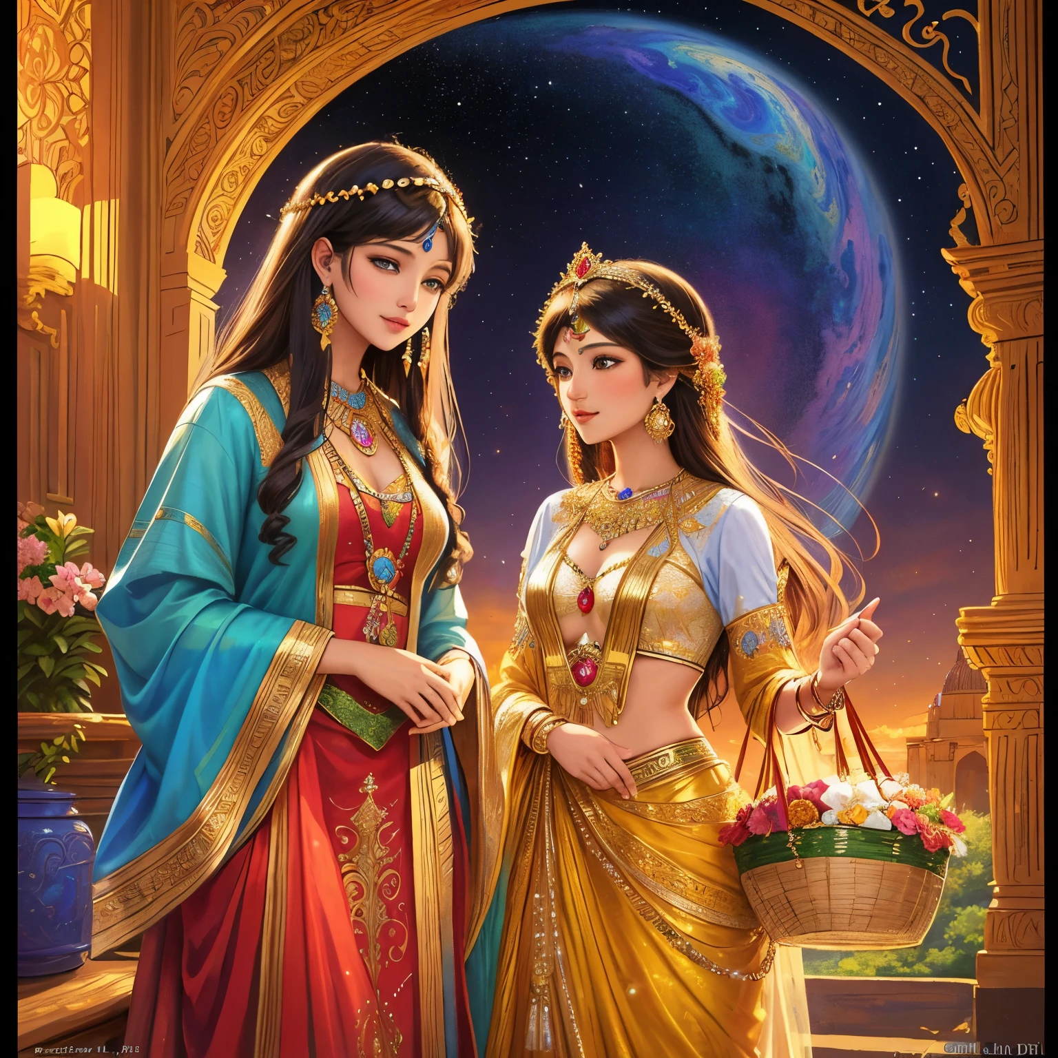 a painting of a woman carrying a basket on her head, a detailed painting by Josephine Wall, flickr, fantasy art, indian art, beautiful depiction, full of colors and rich detail, beautiful maiden, traditional beauty, indian goddess, beautiful detail and color, josephine wall and pino daeni, goddess of love and peace, indian goddess of wealth, beautiful goddess