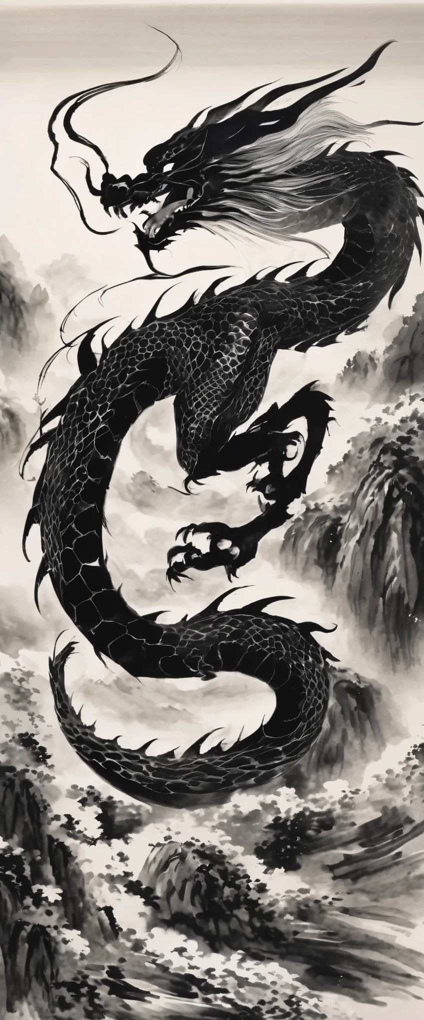 Ink painting of a dragon、Black and White Dragon、Black and white ink painting、Dragon ink painting、Divine Dragon ink painting、No people are depicted、A sumi-e painting of Shenron alone、