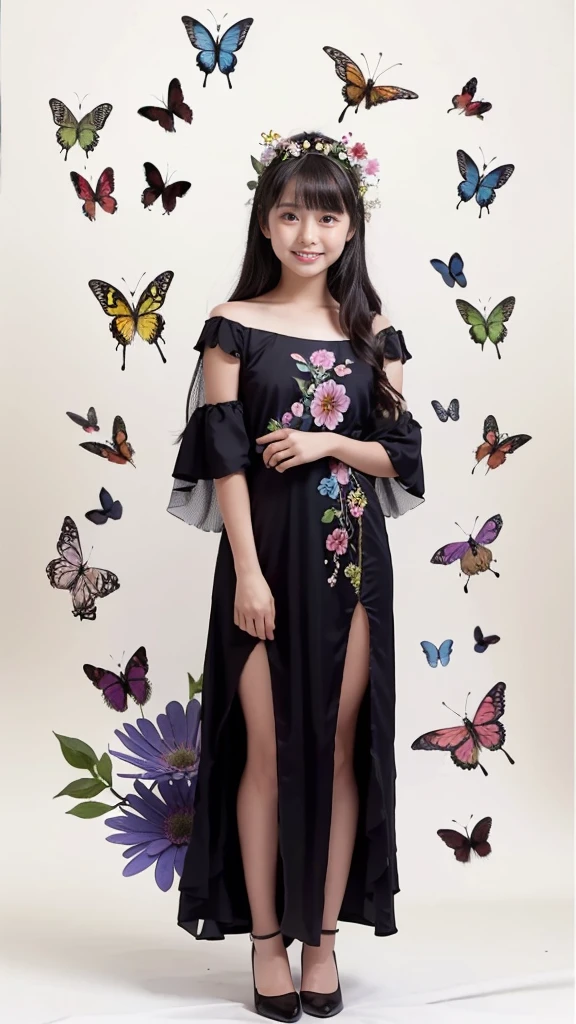 Beautiful girl in a fairy costume, surrounded by flowers and butterflies. content: Watercolor. style: Whimsical and delicate, Like an illustration in a children's book.