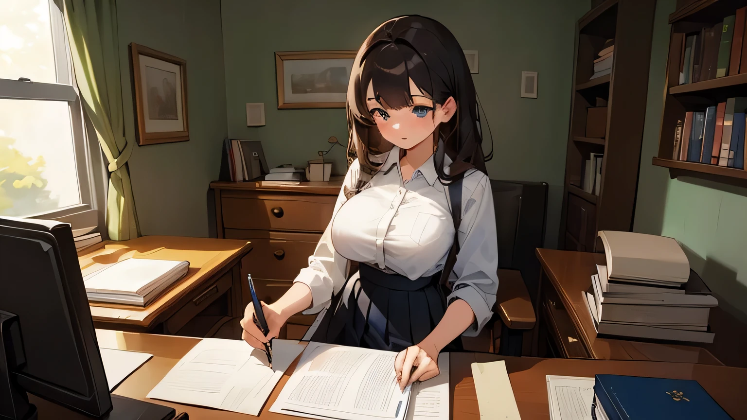 ((highest quality)), ((masterpiece)), (be familiar with), perfect face, an extremely beautiful and cute girl with dark hair and with large breasts, looking down, sitting at a desk in her bedroom, studying, writing, wearing a white shirt and pleated skirt, desk cluttered with books, papers, and a laptop.