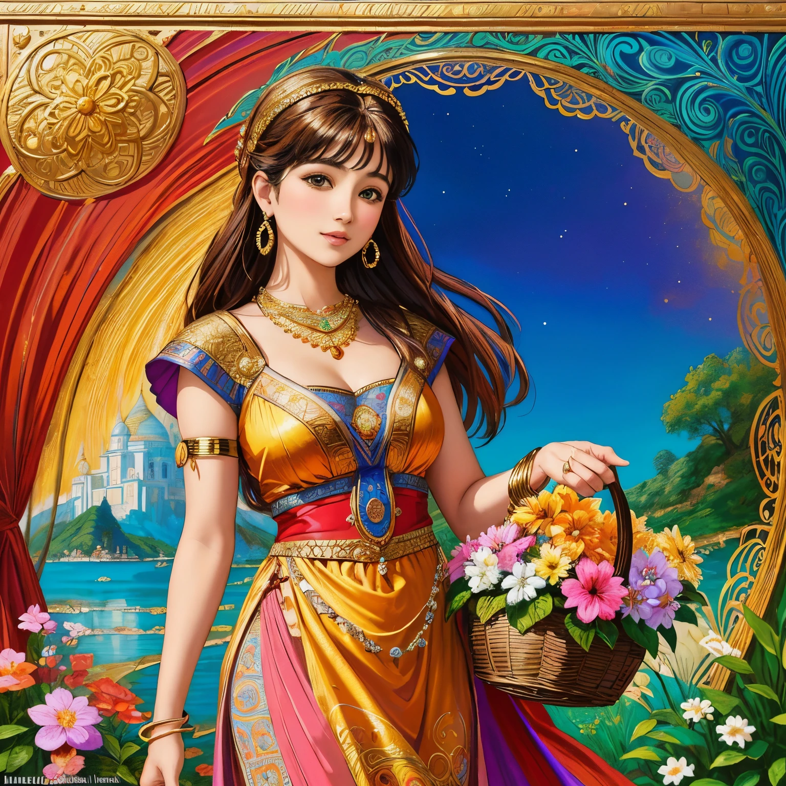 a painting of a woman carrying a basket on her head, by Josephine Wall, inspired by Josephine Wall, by Jane Small, indian art, beautiful depiction, full of colors and rich detail, beautiful maiden, traditional beauty, by james christensen, by Penny Patricia Poppycock, by Gloria Stoll Karn, by Rebecca Guay, by William Holman Hunt, indian goddess