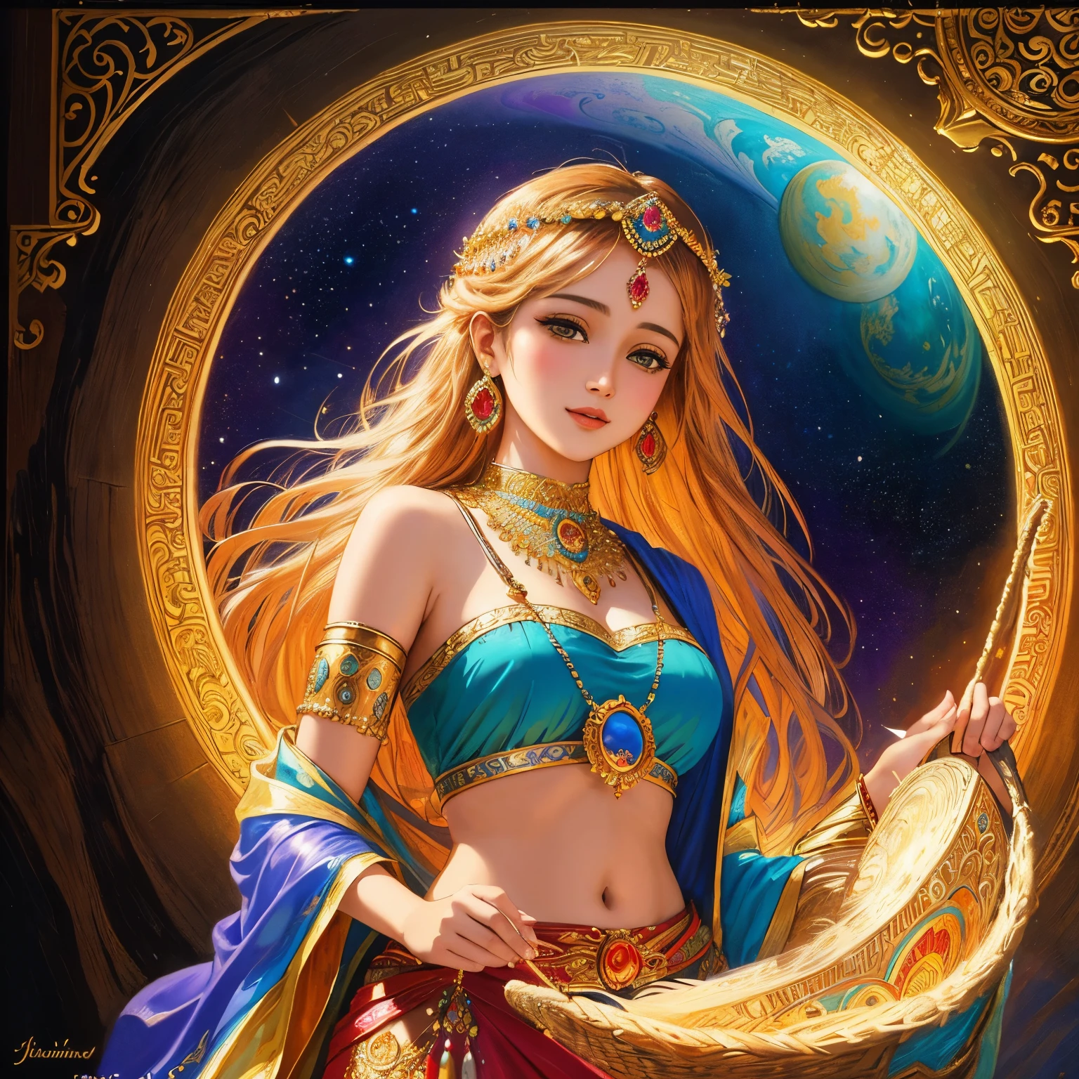 a painting of a woman carrying a basket on her head, a detailed painting by Josephine Wall, flickr, fantasy art, indian art, beautiful depiction, full of colors and rich detail, beautiful maiden, traditional beauty, indian goddess, beautiful detail and color, josephine wall and pino daeni, goddess of love and peace, indian goddess of wealth, beautiful goddess