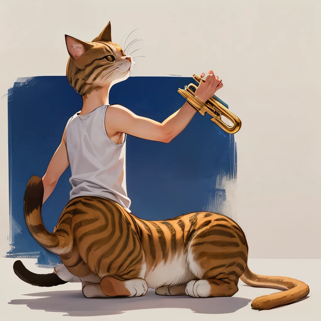 Gato, tocando una trompeta, dibujo, illustration 