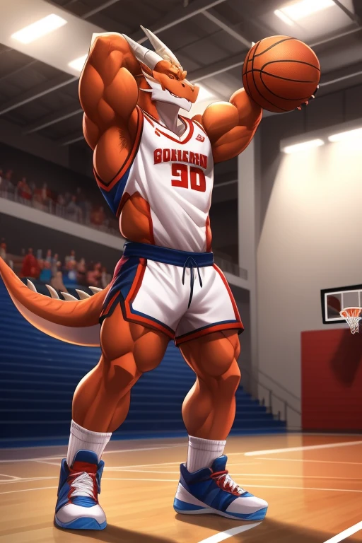 Dragon,Red Dragon,Golden Eyes,muscle,Abdominal muscles,Playing basketball on the basketball court,wear basketball uniform,Wear white socks,wear white shoes。