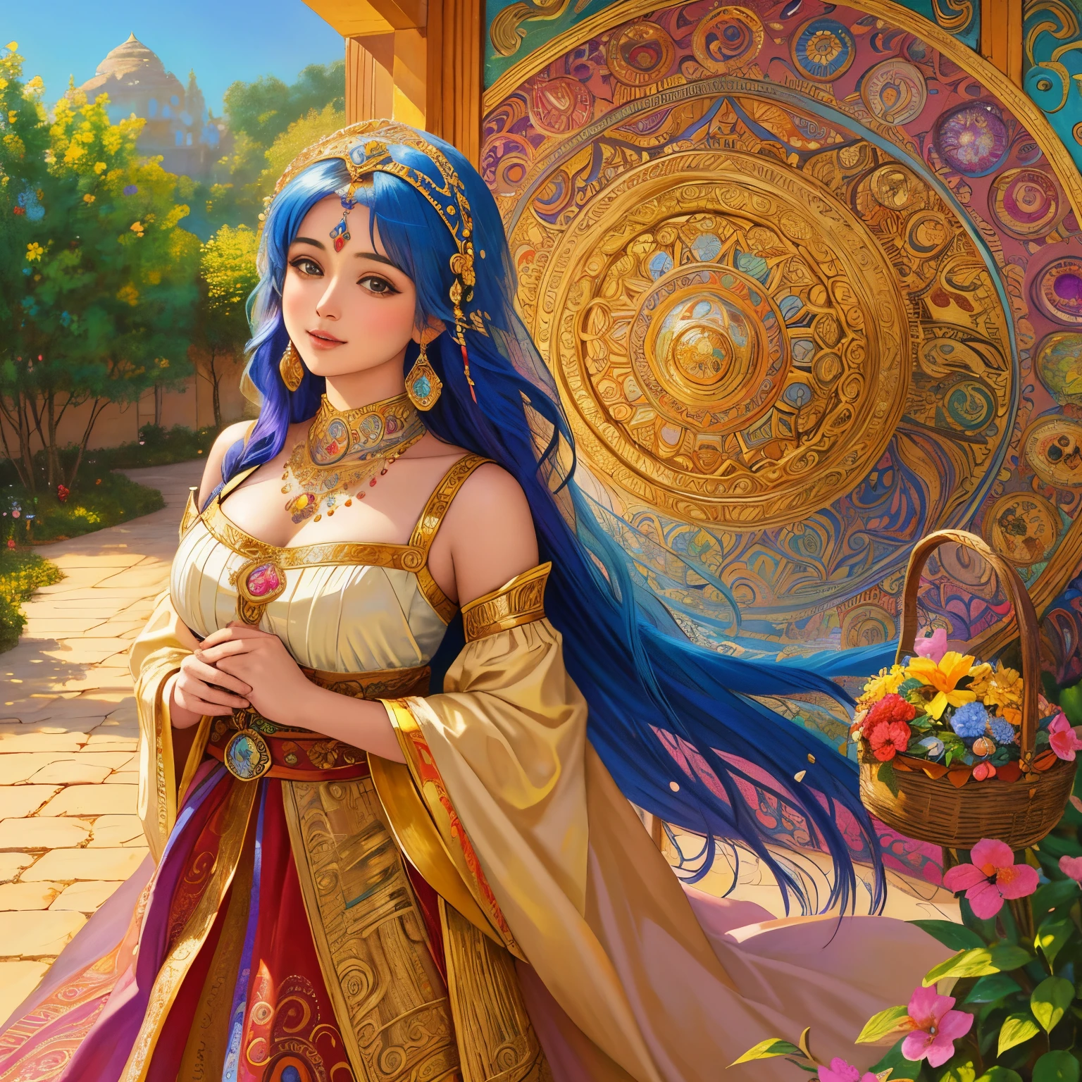 a painting of a woman carrying a basket on her head, by Josephine Wall, inspired by Josephine Wall, by Jane Small, indian art, beautiful depiction, full of colors and rich detail, beautiful maiden, traditional beauty, by james christensen, by Penny Patricia Poppycock, by Gloria Stoll Karn, by Rebecca Guay, by William Holman Hunt, indian goddess