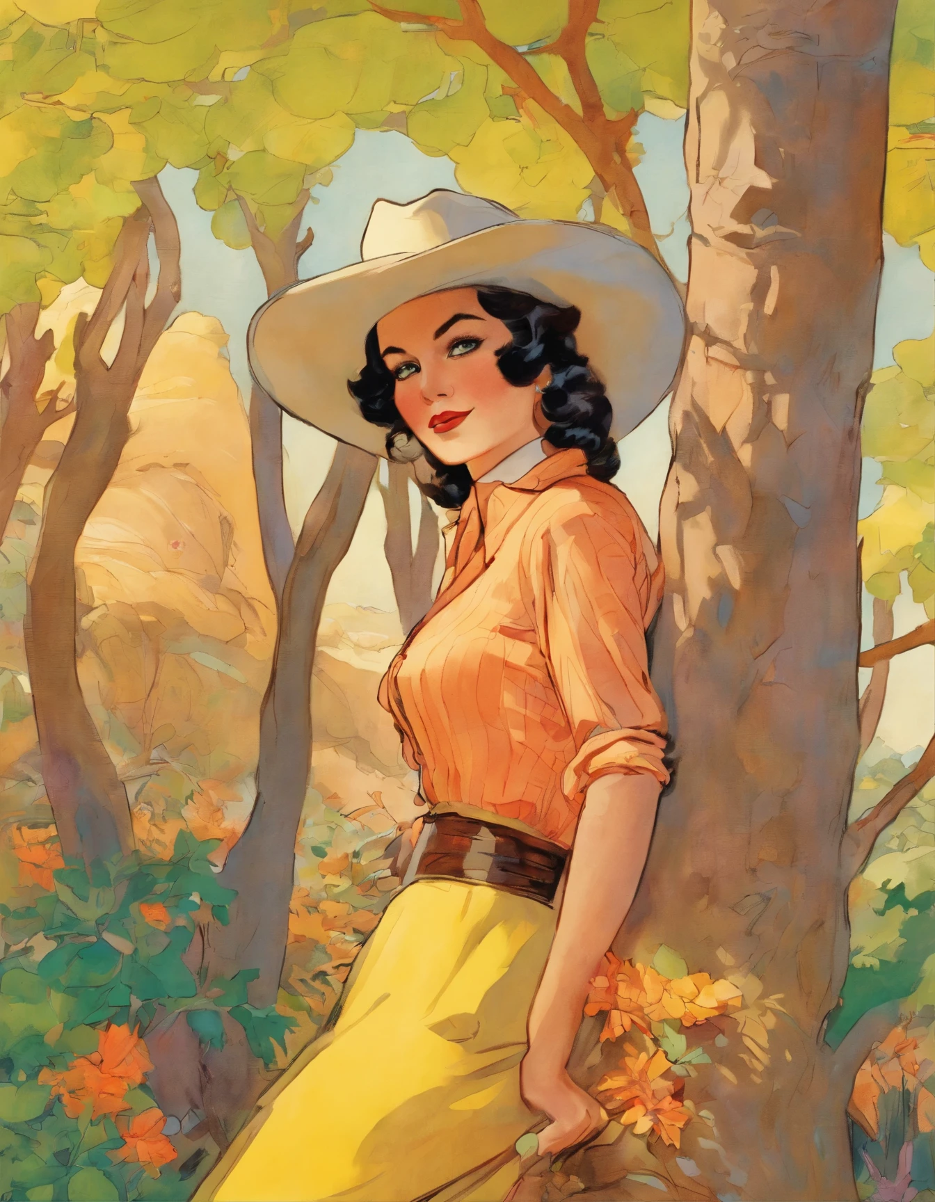 arafed woman leaning against a tree in a cowboy outfit, a pastel by Joseph Kleitsch, flickr, art nouveau, 1 9 2 0 s film actress, 1 9 2 0 s photography, 1920s photography, like rolf armstrong style, old timey, early 1 9 0 0's, 1 9 1 0 s photography