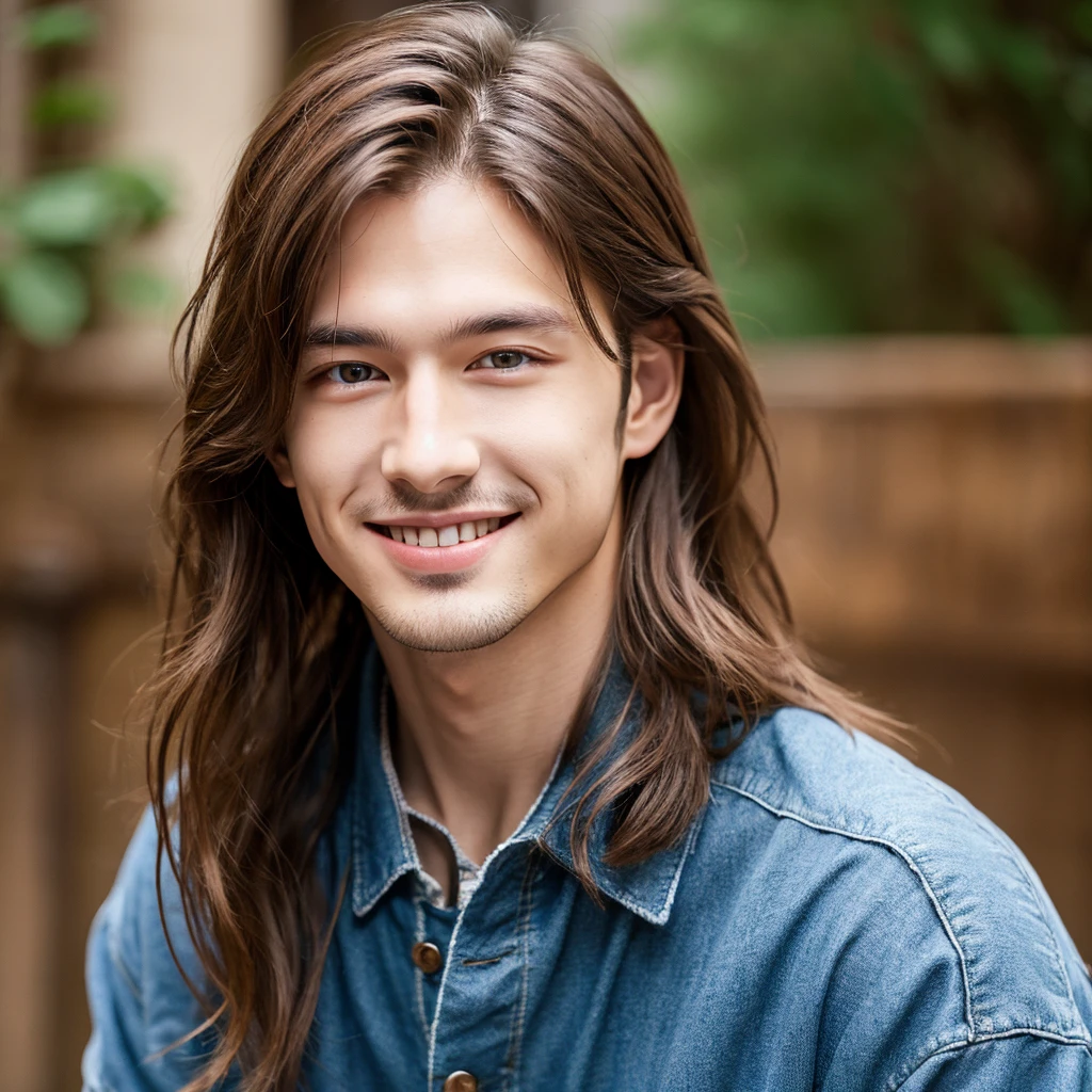 4K, masterpeice, male fashion model, long hair, blue eyes, chestnut hair, looking at camera, smiling,