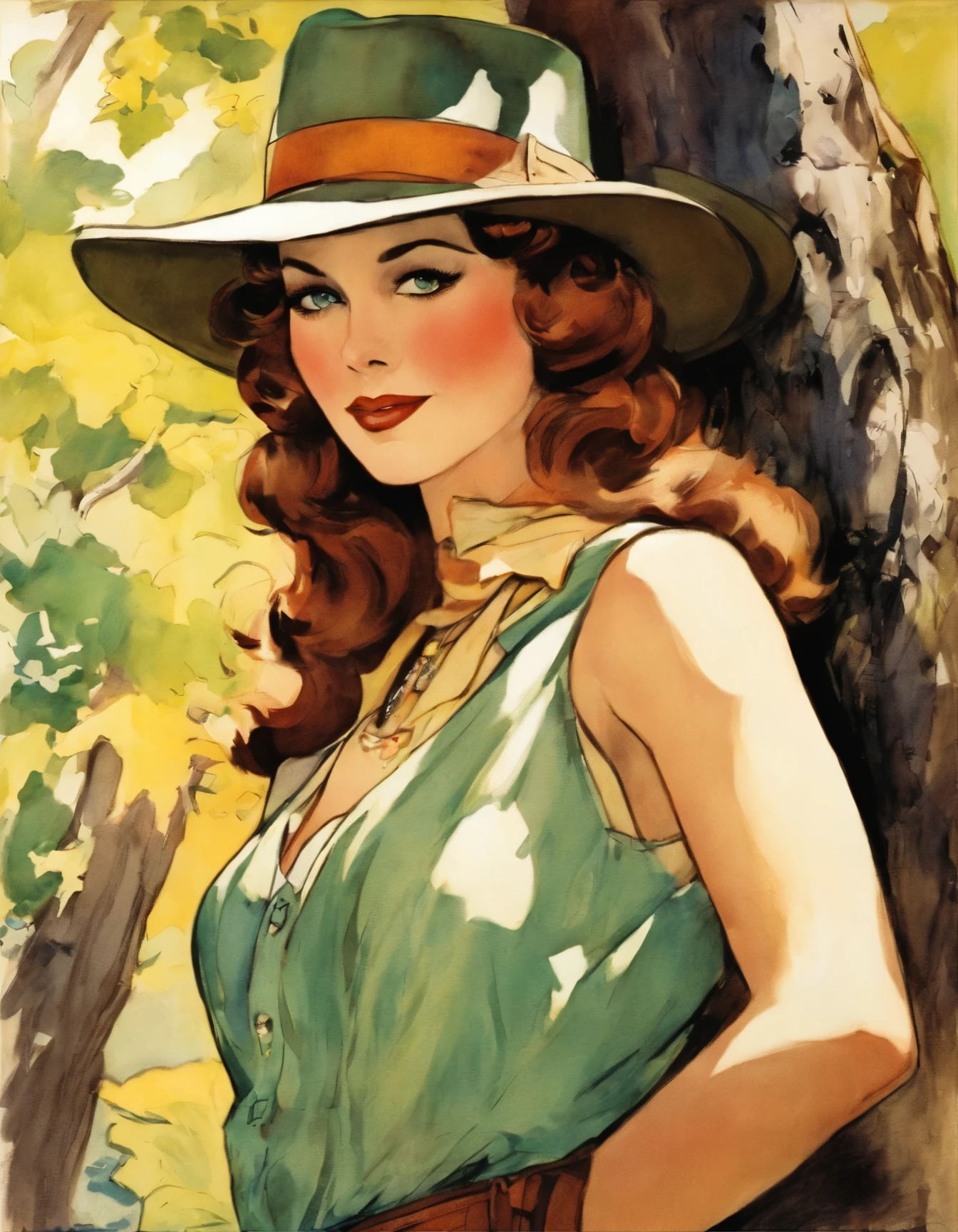 arafed woman leaning against a tree in a cowboy outfit, by Joseph Kleitsch, 1 9 2 0 s film actress, by Earle Bergey, 1920s photography, 1 9 2 0 s photography, like rolf armstrong style, old timey, early 1 9 0 0's, 1 9 1 0 s photography, colleen moore 2 8 years old