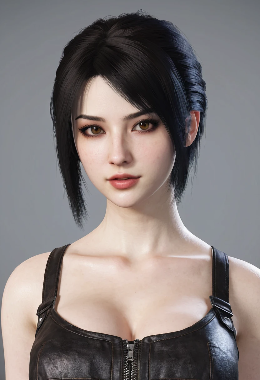 Create a twenty-year-old girl named Jinxie, make her in the style of the Resident Evil video game. She is a girl with pale skin, black hair, brown eyes. Big breasts, video game style clothes.