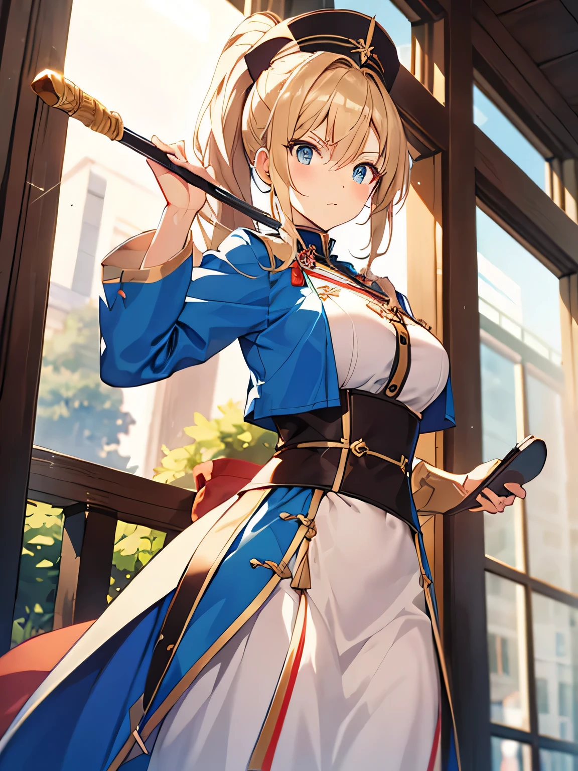 Fencer, tall female, traditional slovak clothing, high ponytail, long ponytail, beige hair, straight sabre, confident, serious expression, hat