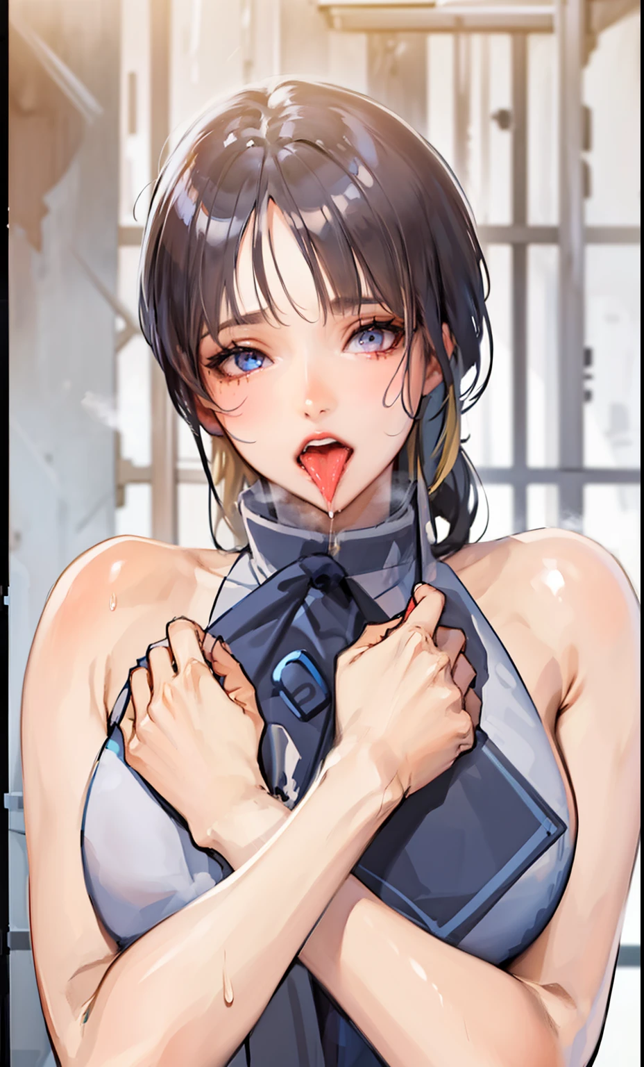 (Cinematic Digital Artwork: 1.3), High quality, masutepiece, of the highest quality, Super Detail, Illustration, [4K Digital Art]、(Moody lighting:1.2), depth of fields, Bokeh, 4K Solo, (Elite Detective、Police Uniform, policewoman), Stockings, City lights, (gaze at the audience: 1.3), Lips apart, Red lips, Shiny skin, dent in the skin, Best Quality, Ultra High Resolution, (Realism: 1.4),Fingers in someone else's mouth, Open mouth, biting fingers, Finger sucking, licking, tongue, tusk, Tongue out, POV, pov hand, Saliva, tongue、(steam,Sweat), ((a miniskirt)), Interrogation room、darkened room、Stainless steel desk and pipe chair、Katsudon and lighting on the desk、Cuffed、(((Looking up angle)))
