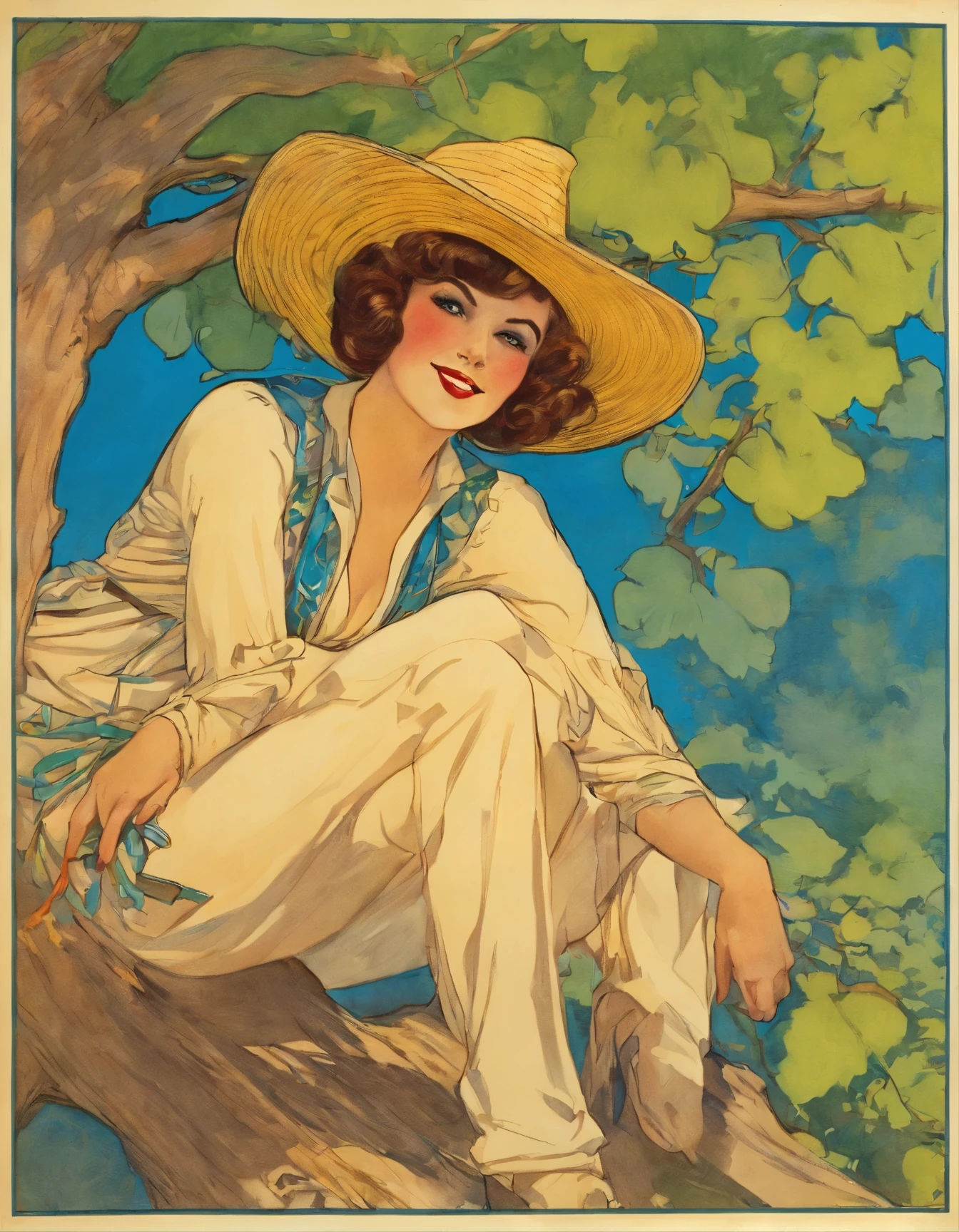 arafed woman leaning against a tree in a cowboy outfit, a pastel by Joseph Kleitsch, flickr, art nouveau, 1 9 2 0 s film actress, 1 9 2 0 s photography, 1920s photography, like rolf armstrong style, old timey, early 1 9 0 0's, 1 9 1 0 s photography