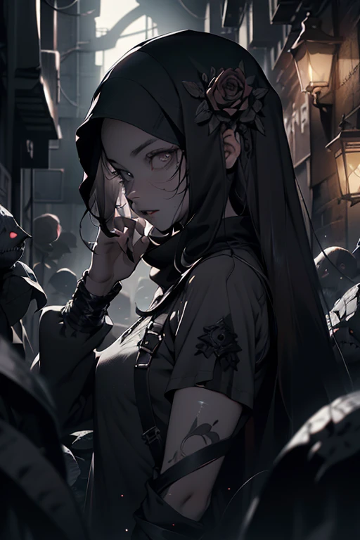 ((best quality)), ((masterpiece)), (detailed), 1womanl、dark ambiance、The upper part of the body、murky、hopelessness、terrifying、grey clothing、modest、roses、Roses entangle on the body、terrorism、abyss、Dark、a closeup