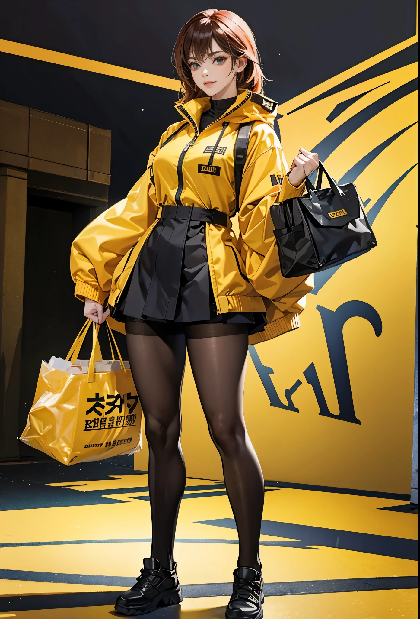 ,tall girl, muscular female, alternate muscle size,,muscular ,biceps,,yellow jacket,black pantyhose,muscular thighs,holding bags